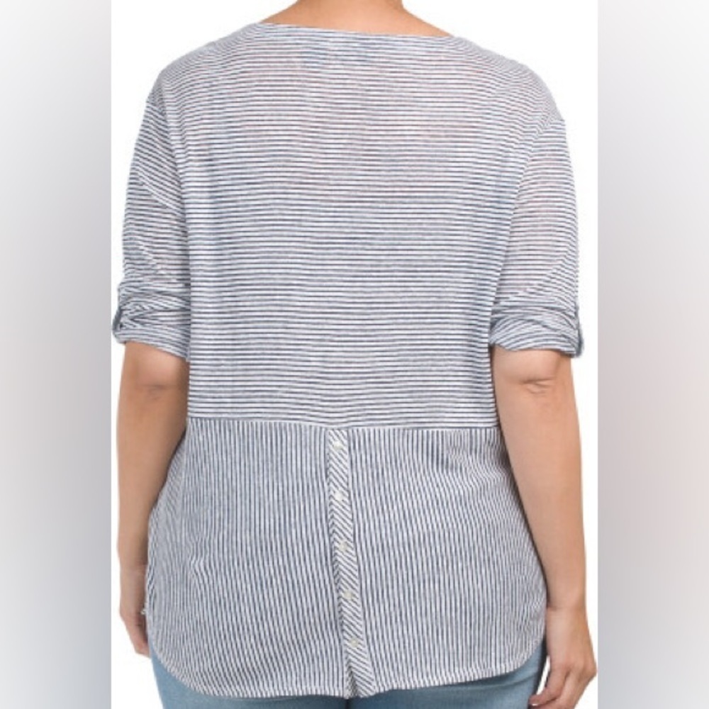 Adrienne Vittadini 2X Linen Three-quarter Sleeve Roll Tab Stripe Top Beachy - Picture 5 of 12